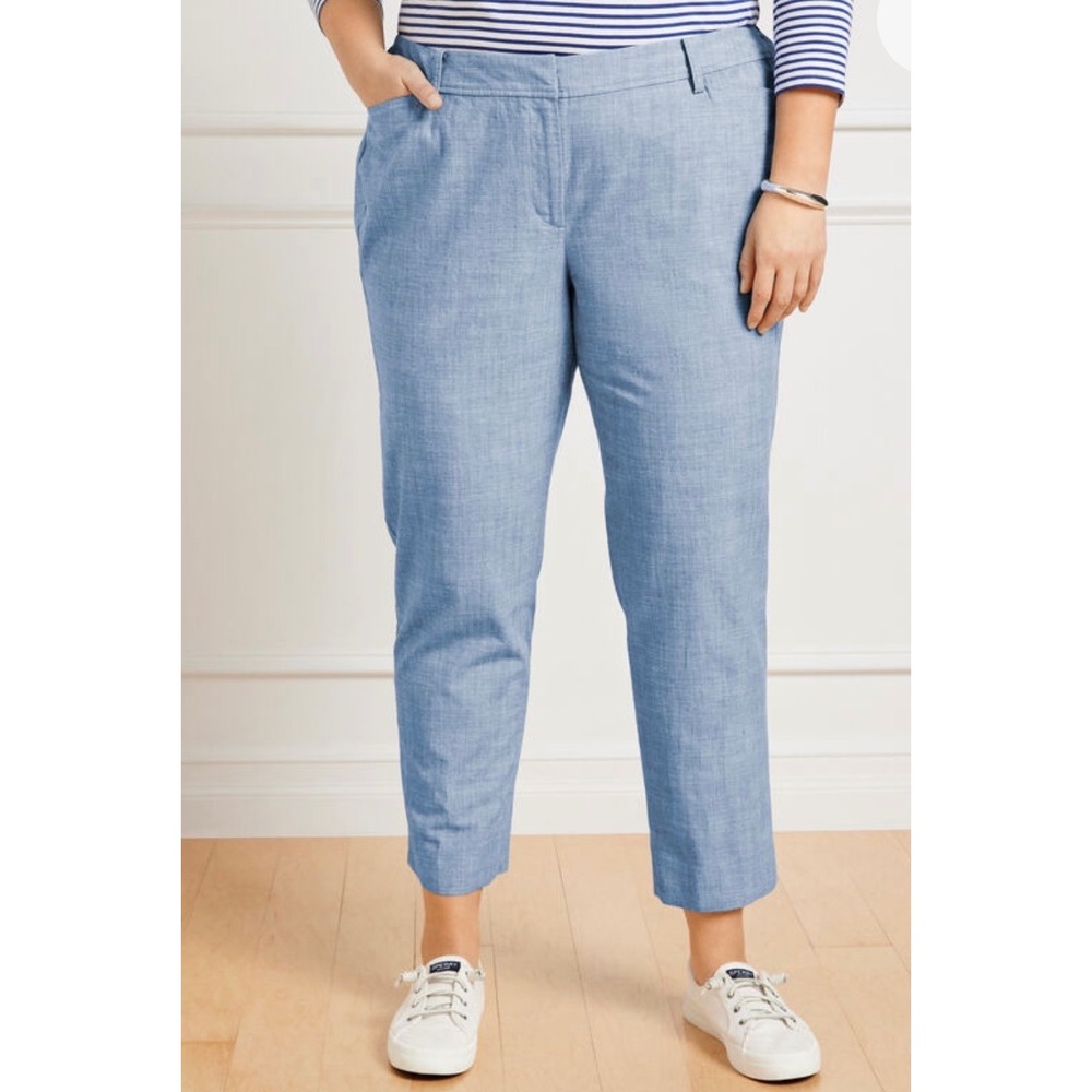 Talbots Perfect Crop Curvy Chambray Pants Women 20W Blue Button Hem Trousers
